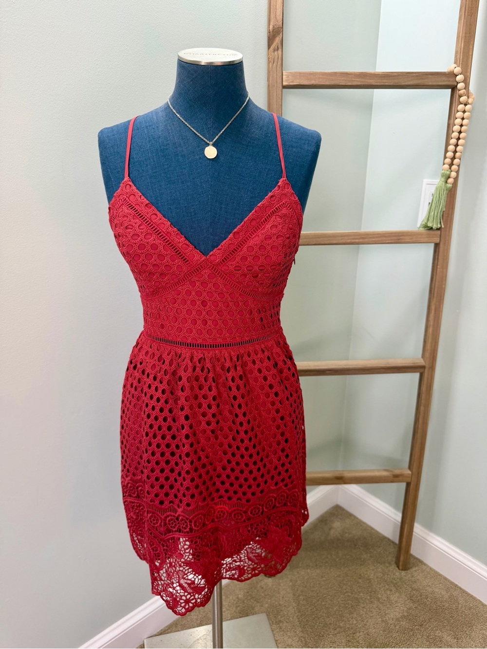 Abercrombie & Fitch Red Eyelet Lace Spaghetti Strap Mini Dress Size Small